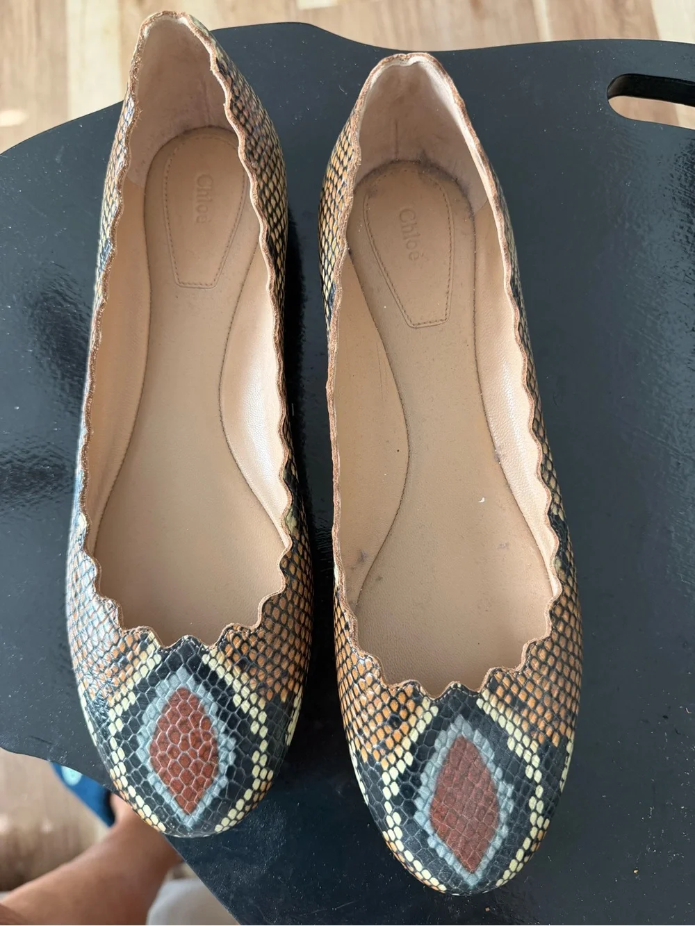 Chloe Yellow and Black Snake-Print Pointed Toe Heels